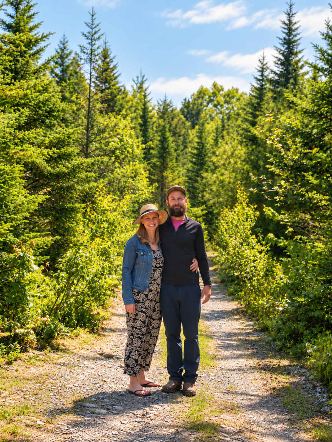 A couple posing on a gravel path surrounded by a dense green forest under a blue sky with light clouds.